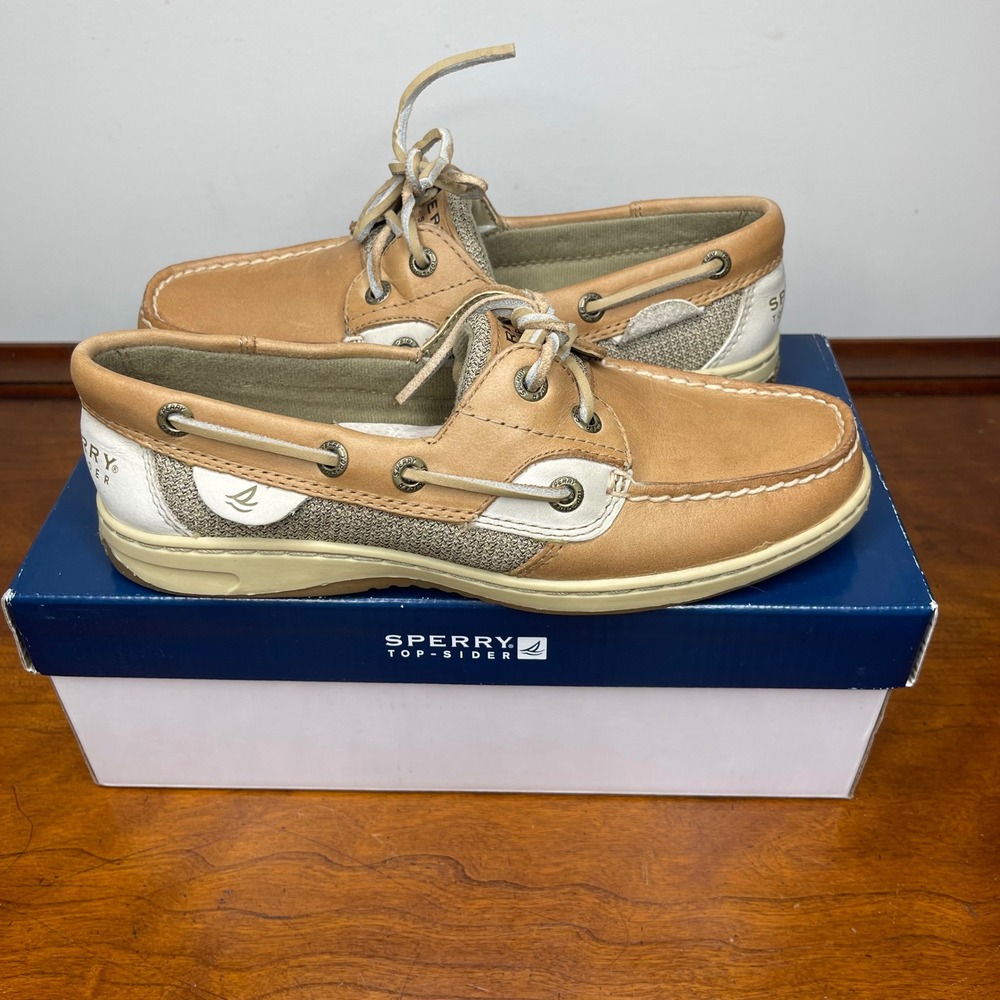 NEW Sperry Top-Sider Bluefish 2-Eye Linen Oat Leather Boat Shoes Womens‎ 5.5 M